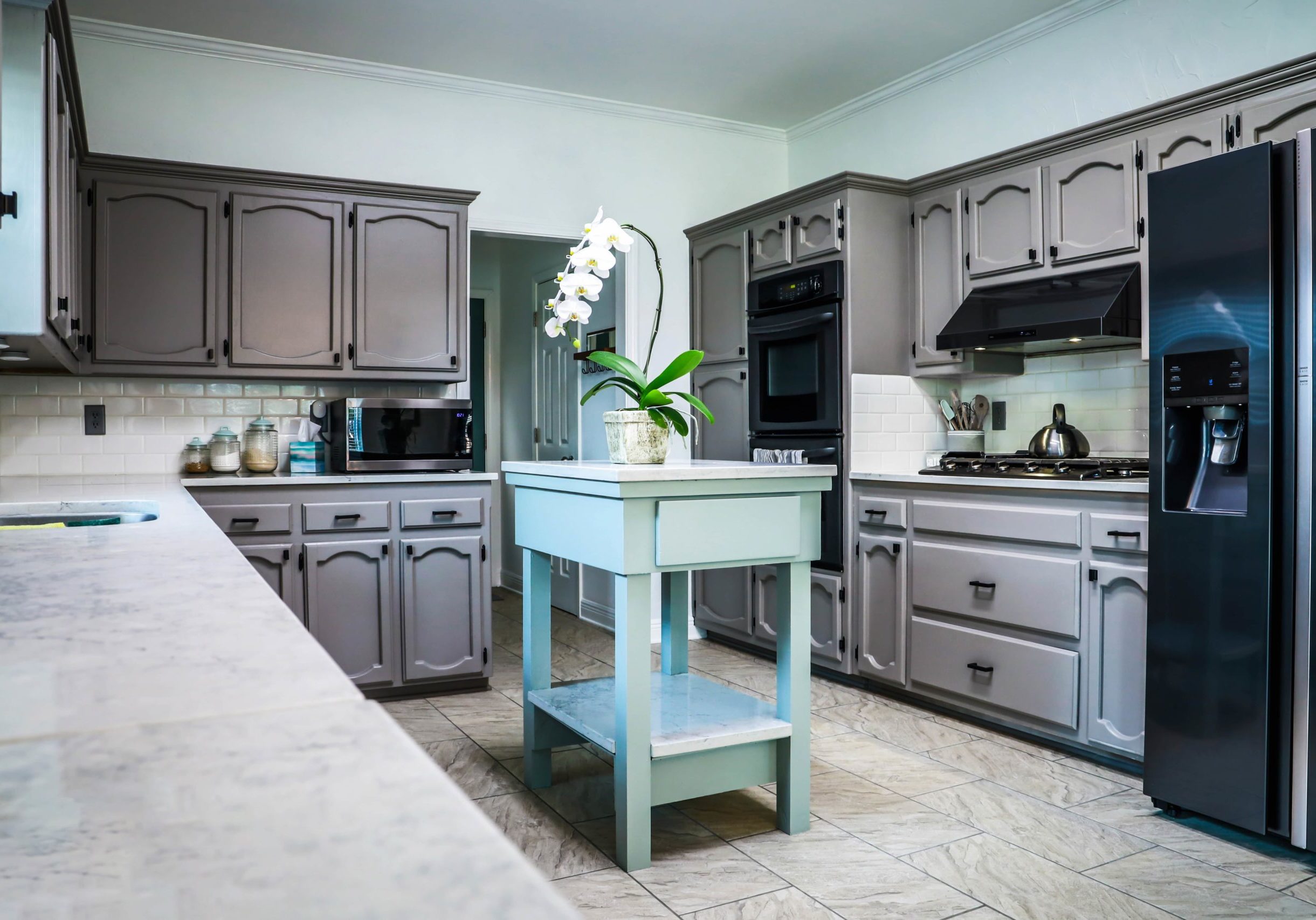 light blue painted kitchen